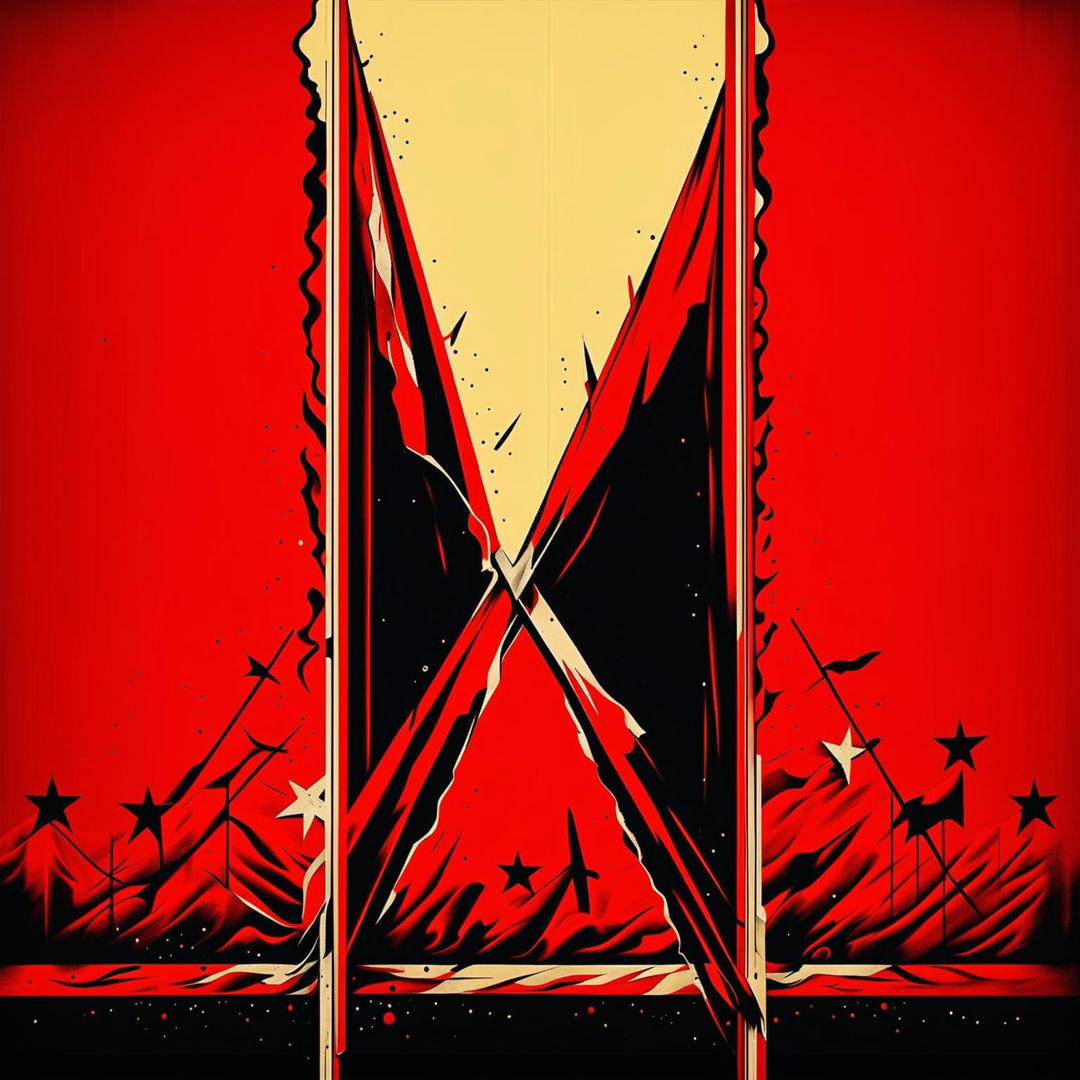 An abstract image of the vintage Communist Iron Curtain being ripped apart, using bold colors and dynamic compositions to highlight themes of oppression and liberation, with Soviet symbolism and a contrasting background symbolizing freedom