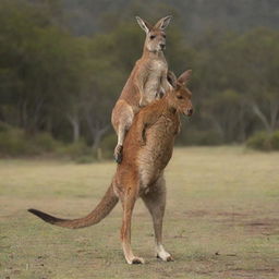 A kangaroo riding on the back of a galloping horse