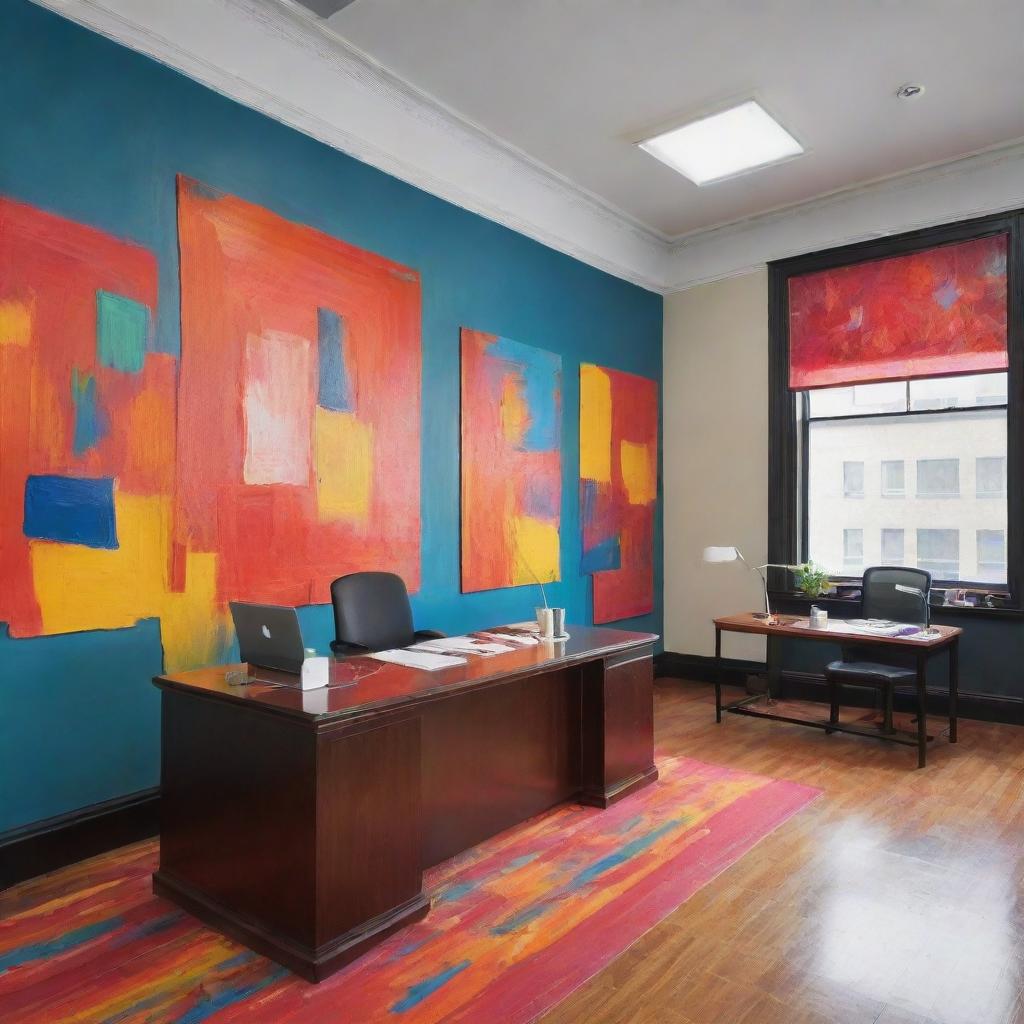 A bank office styled like a painted artwork with vivid, expressionist colors and brushstrokes.