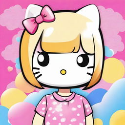 Create an image of Hello Kitty with Asian features, sporting a stylish blond bob haircut