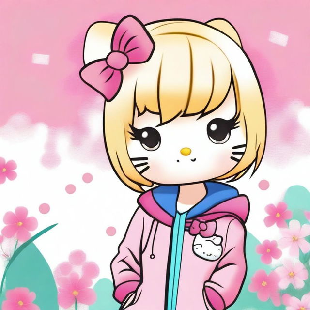 Create an image of Hello Kitty with Asian features, sporting a stylish blond bob haircut