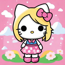 Create an image of Hello Kitty with Asian features, sporting a stylish blond bob haircut