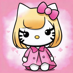 Create an image of Hello Kitty with Asian features, sporting a stylish blond bob haircut