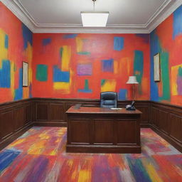 A bank office styled like a painted artwork with vivid, expressionist colors and brushstrokes.