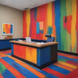 A bank office styled like a painted artwork with vivid, expressionist colors and brushstrokes.