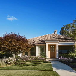 An exterior view of a beautiful house owned by a proud homeowner, with lush gardens and cloudless blue sky overhead.