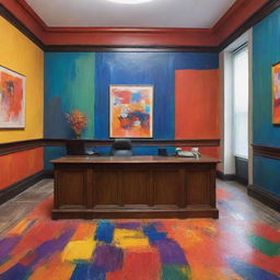 A bank office styled like a painted artwork with vivid, expressionist colors and brushstrokes.