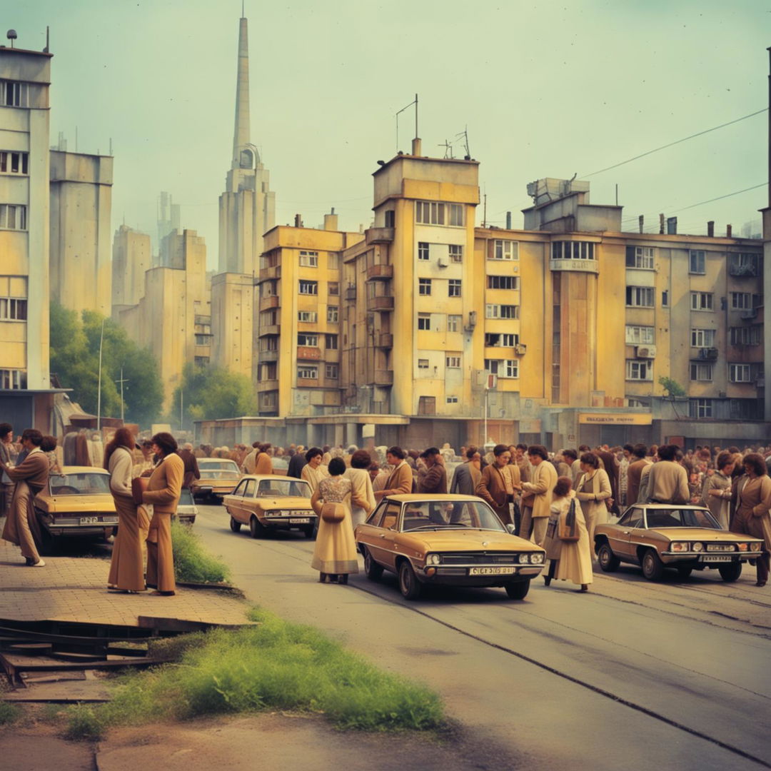 An image capturing a street scene in Eastern Europe during the 1970s, featuring vintage cars, people in 1970s fashion, and a mix of Brutalist and Soviet-style architecture to evoke a sense of everyday life from that era