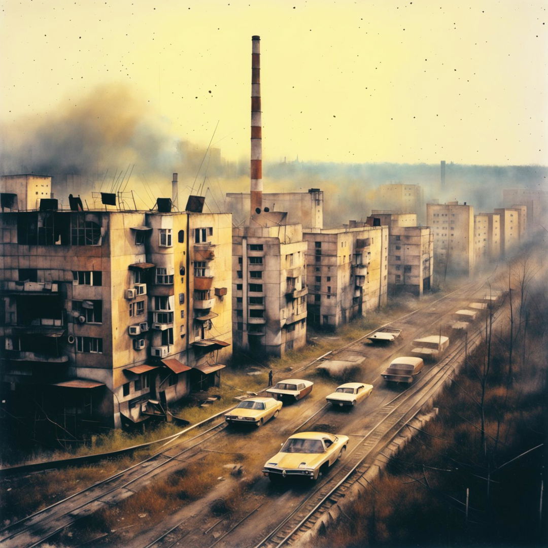 A semi-abstract depiction of Eastern Europe in the 1970s, featuring muted tones, Brutalist architecture, Soviet-era elements, and subtle historical details