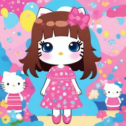 A cute Hello Kitty girl with brown hair and blue eyes, wearing a pink dress with Hello Kitty motifs, standing in a colorful, whimsical background