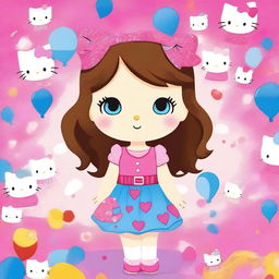 A cute Hello Kitty girl with brown hair and blue eyes, wearing a pink dress with Hello Kitty motifs, standing in a colorful, whimsical background