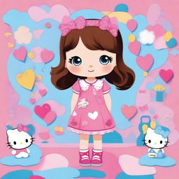 A cute Hello Kitty girl with brown hair and blue eyes, wearing a pink dress with Hello Kitty motifs, standing in a colorful, whimsical background