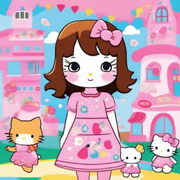 A cute Hello Kitty girl with brown hair and blue eyes, wearing a pink dress with Hello Kitty motifs, standing in a colorful, whimsical background