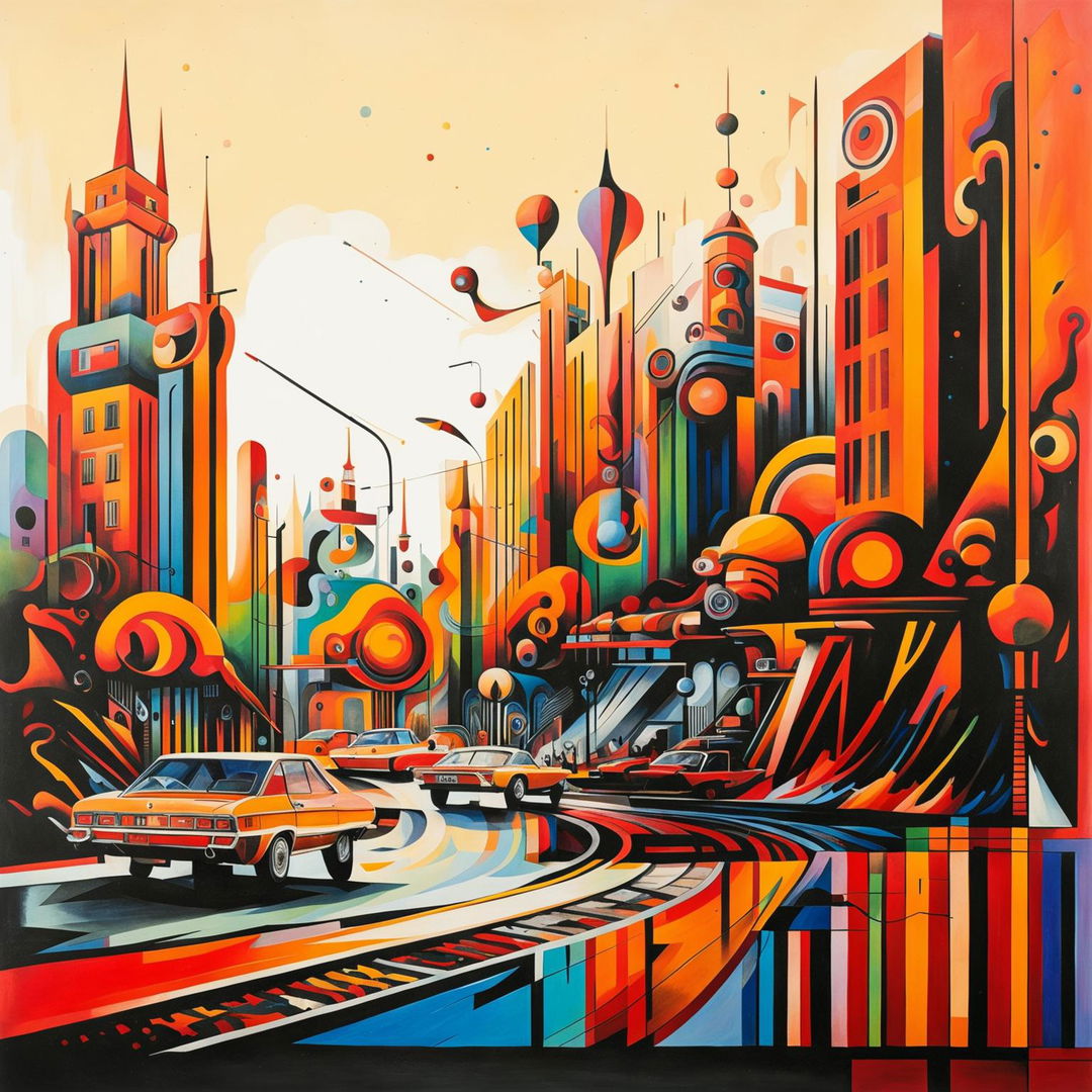 A semi-abstract representation of Eastern Europe in the 1970s, featuring bold colors, Brutalist buildings, vintage cars, and traditional markets, blending realistic and abstract elements to evoke nostalgia and cultural richness