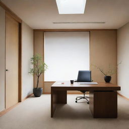 An office designed in the style of Japanese art, showcasing minimalism, natural elements, and a balance of light and shadow.