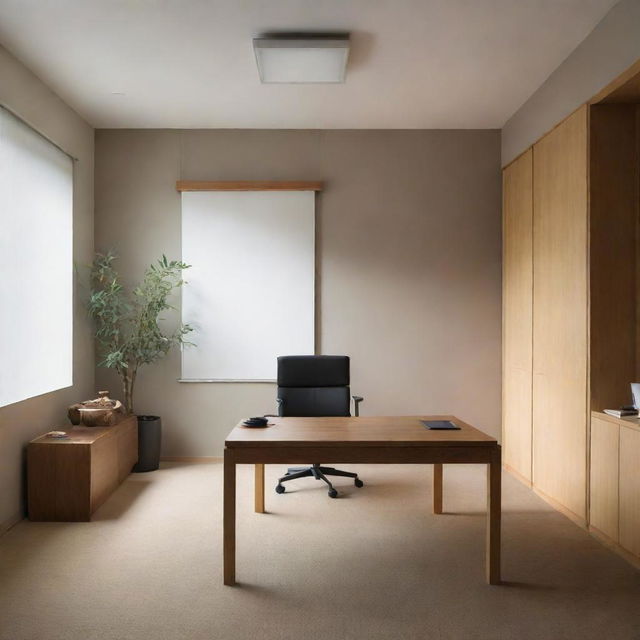 An office designed in the style of Japanese art, showcasing minimalism, natural elements, and a balance of light and shadow.