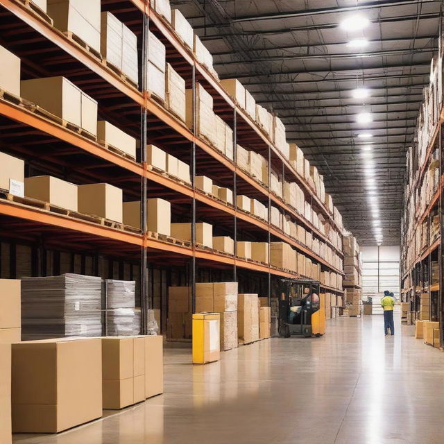 A detailed image of a large warehouse filled with rows of shelves stacked with various boxes and items