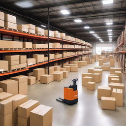 A detailed image of a large warehouse filled with rows of shelves stacked with various boxes and items