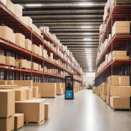 A detailed image of a large warehouse filled with rows of shelves stacked with various boxes and items