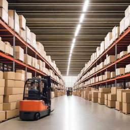 A detailed image of a large warehouse filled with rows of shelves stacked with various boxes and items