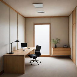 An office designed in the style of Japanese art, showcasing minimalism, natural elements, and a balance of light and shadow.