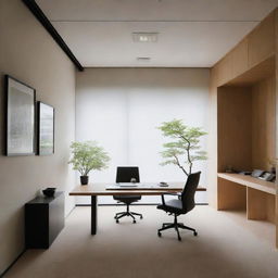 An office designed in the style of Japanese art, showcasing minimalism, natural elements, and a balance of light and shadow.