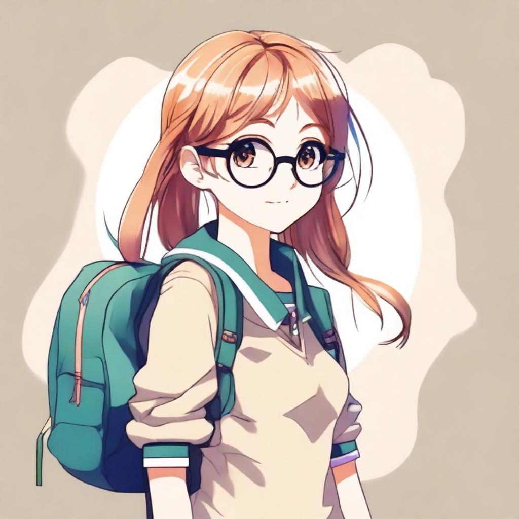 Create an image of a cute young anime girl with glasses and a backpack