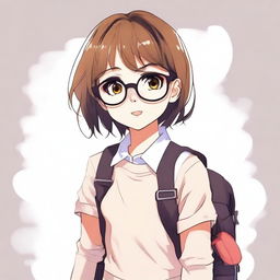 Create an image of a cute young anime girl with glasses and a backpack