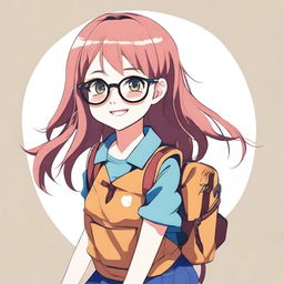 Create an image of a cute young anime girl with glasses and a backpack