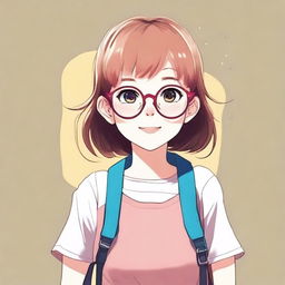 Create an image of a cute young anime girl with glasses and a backpack