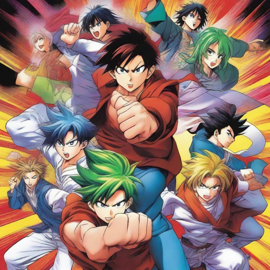 A vibrant and detailed coloured manga poster featuring dynamic characters in action poses, with a background that complements the scene