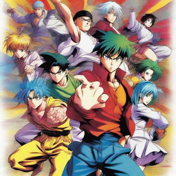 A vibrant and detailed coloured manga poster featuring dynamic characters in action poses, with a background that complements the scene