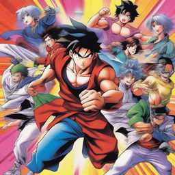 A vibrant and detailed coloured manga poster featuring dynamic characters in action poses, with a background that complements the scene