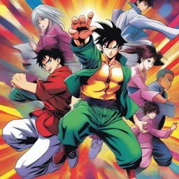 A vibrant and detailed coloured manga poster featuring dynamic characters in action poses, with a background that complements the scene