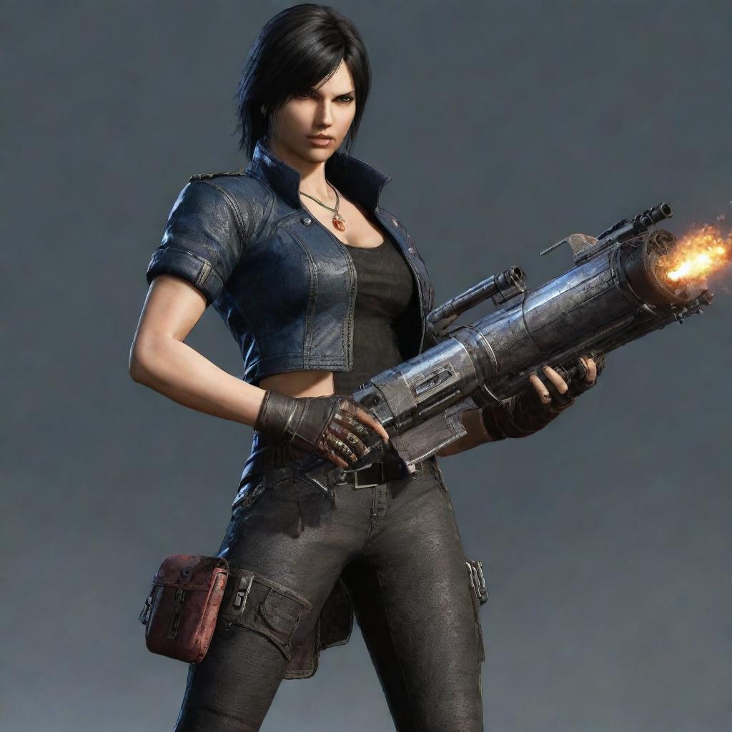 A detailed image of Lady, a strong and charismatic character from the video game Devil May Cry. She has dark hair and carries a large rocket launcher.