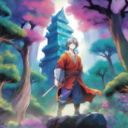 A colourful manga cover featuring the main character standing heroically with a fantasy background