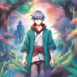 A colourful manga cover featuring the main character standing heroically with a fantasy background