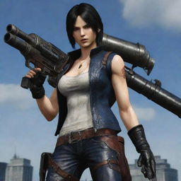 A detailed image of Lady, a strong and charismatic character from the video game Devil May Cry. She has dark hair and carries a large rocket launcher.