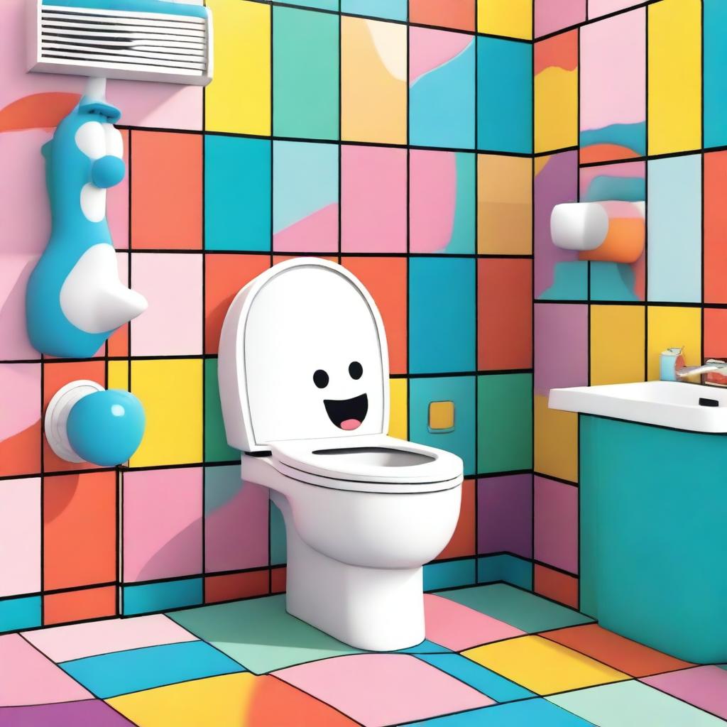 A quirky and fun illustration of a skibidi toilet dancing in a whimsical bathroom setting, with colorful tiles and a playful atmosphere