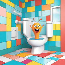 A quirky and fun illustration of a skibidi toilet dancing in a whimsical bathroom setting, with colorful tiles and a playful atmosphere