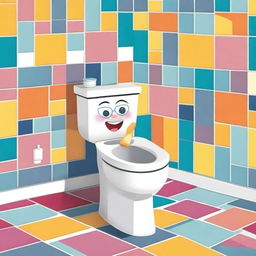 A quirky and fun illustration of a skibidi toilet dancing in a whimsical bathroom setting, with colorful tiles and a playful atmosphere