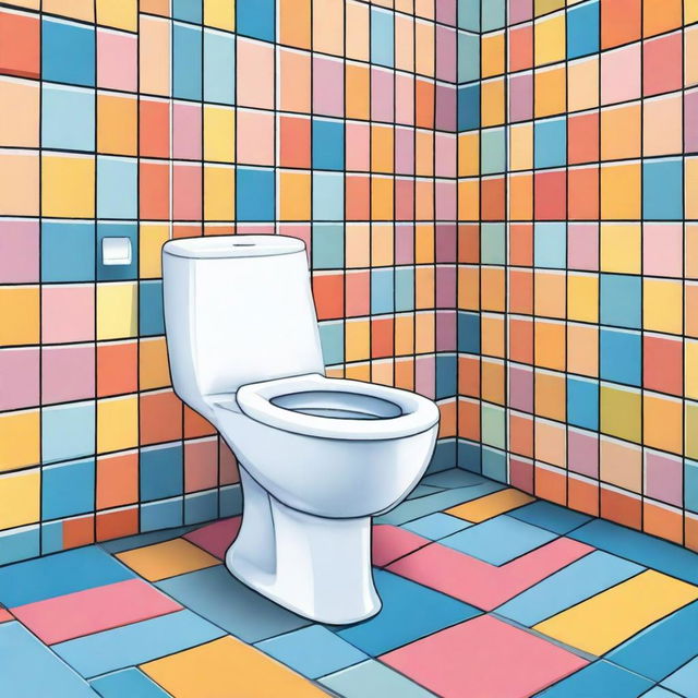 A quirky and fun illustration of a skibidi toilet dancing in a whimsical bathroom setting, with colorful tiles and a playful atmosphere