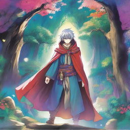 A colourful manga cover featuring the main character with their body hidden, perhaps behind a cloak or other elements, set against a fantasy background