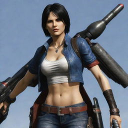 A detailed image of Lady, a strong and charismatic character from the video game Devil May Cry. She has dark hair and carries a large rocket launcher.