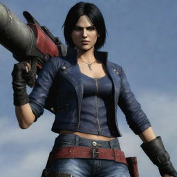 A detailed image of Lady, a strong and charismatic character from the video game Devil May Cry. She has dark hair and carries a large rocket launcher.