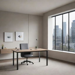 An office in modern stock style with minimalist furniture, large windows, and subtle color schemes.