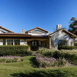 An exterior view of a beautiful house owned by a proud homeowner, with lush gardens and cloudless blue sky overhead.