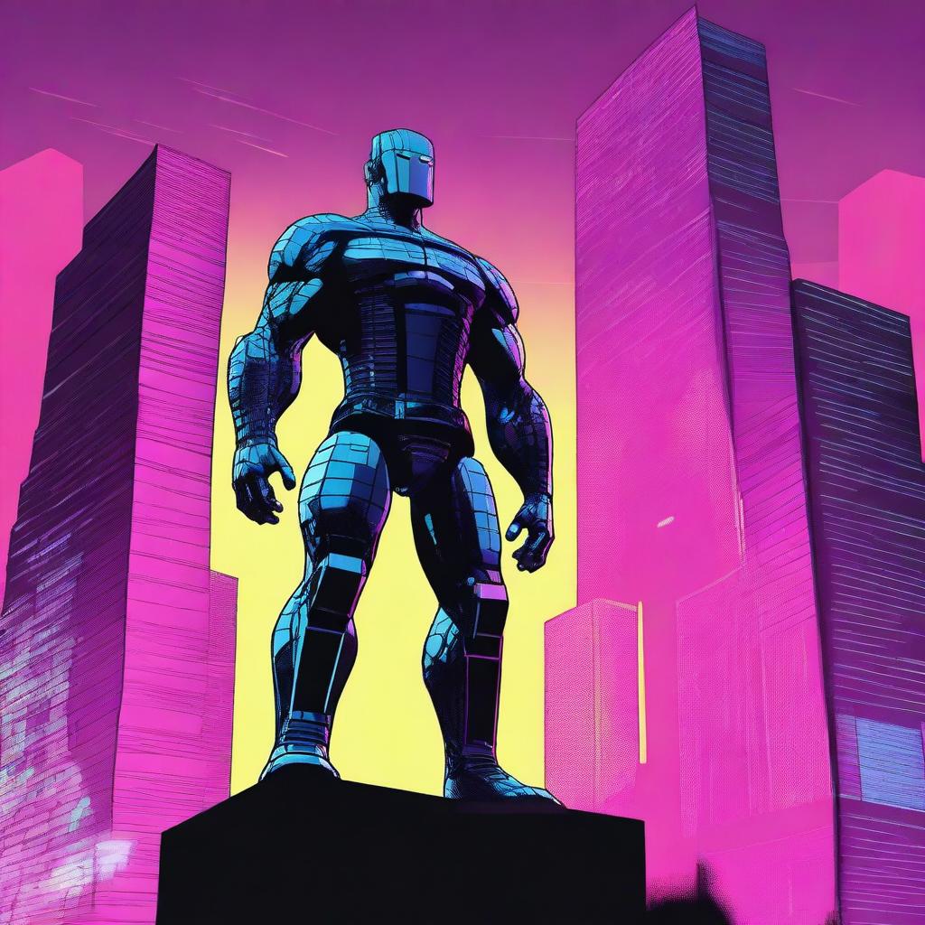 A dramatic illustration of a titán TV man, a towering figure with a television for a head and a muscular, humanoid body