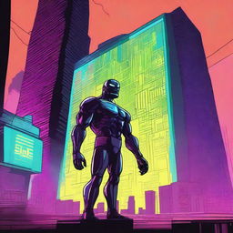 A dramatic illustration of a titán TV man, a towering figure with a television for a head and a muscular, humanoid body