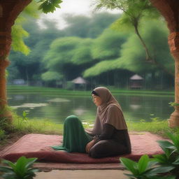 An Indonesian woman wearing a hijab, depicted in a peaceful and serene sleep alongside a man in a secluded, natural setting